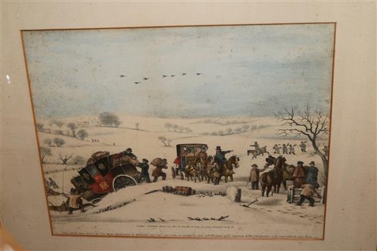 After James Pollard, a set of four coloured lithographs, travellers in the snow and a pair of later limited edition prints 27 x 35cm